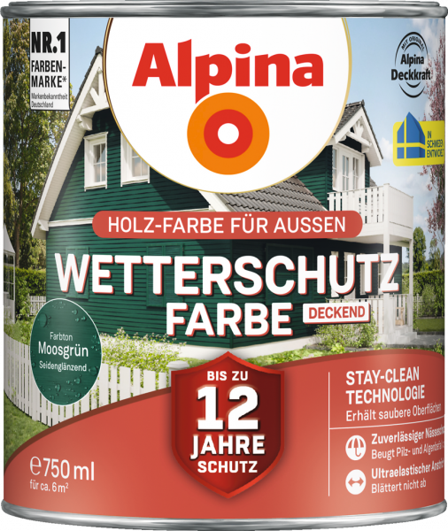 Alpina Wetterschutz Farbe "Moosgrün", deckend, Holz-Farbe für Außen, 750 ml