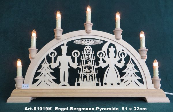 Holzstolz Schwibbogen "Engel - Bergmann Pyramide", 7 Kerzen