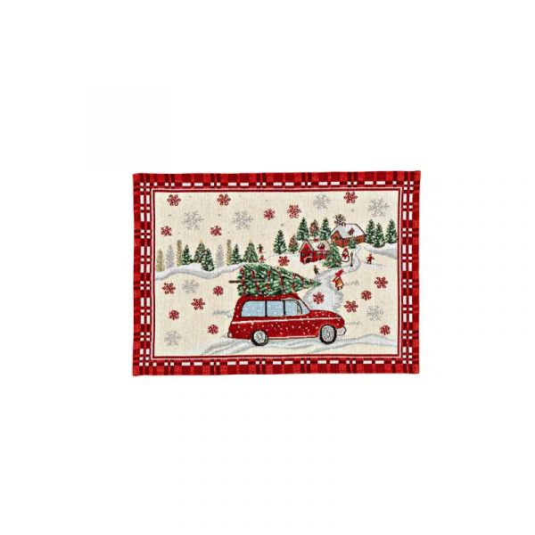 Tischset, Dekor Weihnachtsauto, aus Textil, Beige/Rot