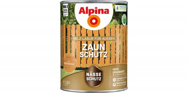 Alpina Zaunschutz "Mittelbraun", Holz-Lasur für Außen, 2,5 L