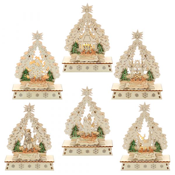 SIGRO Holz Mini-Schwibbogen "Weihnachtsbaum" (Laserholz), 6-fach sortiert, Batteriebetrieb