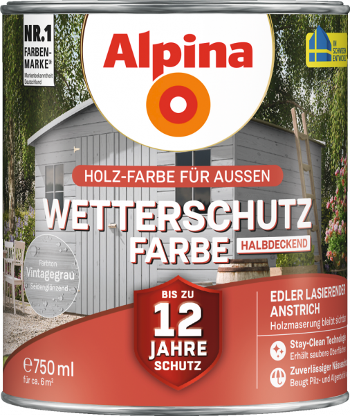 Alpina Wetterschutz Farbe "Vintagegrau", halbdeckend, Holz-Farbe für Außen, 2,5 L