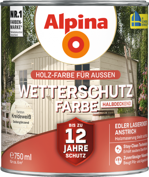 Alpina Wetterschutz Farbe "Kreideweiß", halbdeckend, Holz-Farbe für Außen, 2,5 L