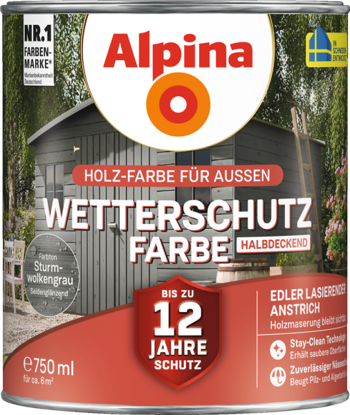 Alpina Wetterschutz Farbe "Sturmwolkengrau", halbdeckend, Holz-Farbe für Außen, 2,5 L