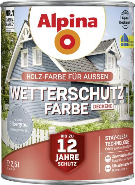 Alpina Wetterschutz Farbe "Silbergrau", deckend, Holz-Farbe für Außen, 2,5 L