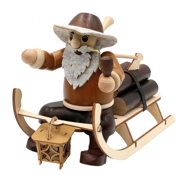 SIGRO Erzgebirgs - Räuchermann "Holzfäller mit Schlitten", Holz, hochwertig