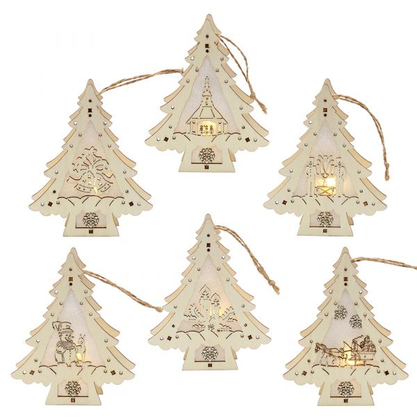SIGRO Holz Mini-LED Tannenbaum mit Hänger, 6-fach sortiert