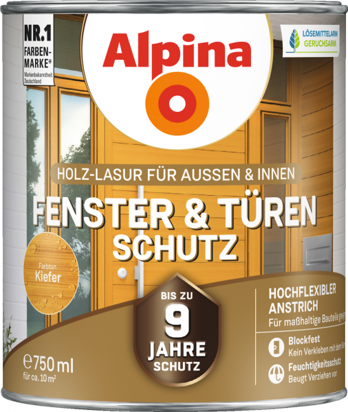 Alpina Fenster & Türen Schutz "Kiefer", Holz-Lasur für Außen & Innen, 750 ml