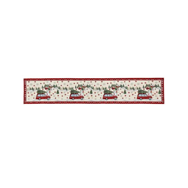 Tischläufer, Dekor Weihnachtsauto, aus Textil, Beige/Rot