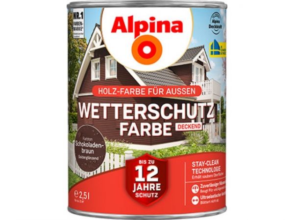 Alpina Wetterschutz Farbe "Schokoladenbraun", deckend, Holz-Farbe für Außen, 2,5 L