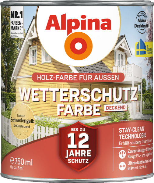 Alpina Wetterschutz Farbe "Schwedengelb", deckend, Holz-Farbe für Außen, 750 ml