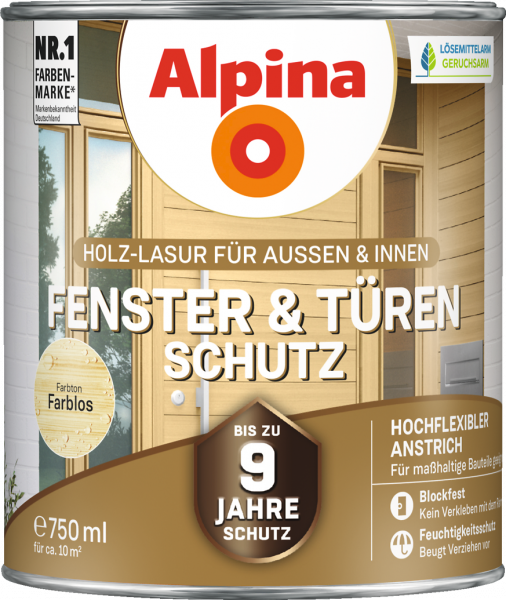 Alpina Fenster & Türen Schutz "Farblos", Holz-Lasur für Außen & Innen, 2,5 L