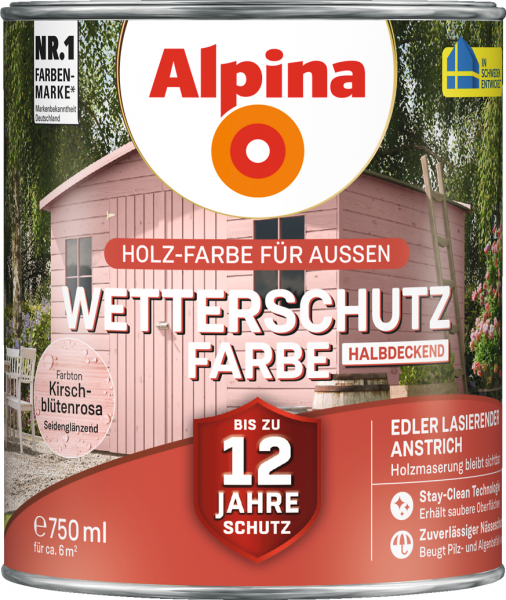 Alpina Wetterschutz Farbe "Kirschblütenrosa", halbdeckend, Holz-Farbe für Außen, 2,5 L