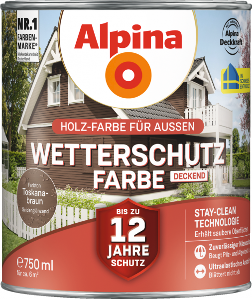Alpina Wetterschutz Farbe "Toskanabraun", deckend, Holz-Farbe für Außen, 750 ml