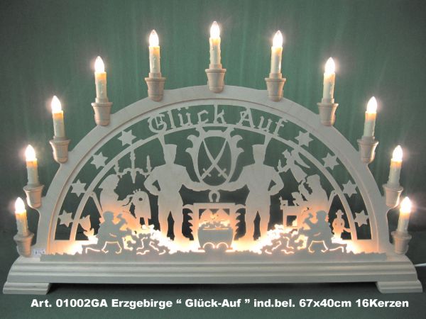 Holzstolz Schwibbogen "Erzgebirge - Glück auf", 16 Kerzen beids. ind. b.