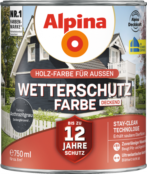 Alpina Wetterschutz Farbe "Anthrazitgrau", deckend, Holz-Farbe für Außen, 2,5 L
