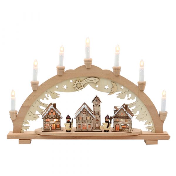 SIGRO Holz Schwibbogen "Stadt verschneit mit Schneemannfiguren" (Premiumholz), innen beleuchtet