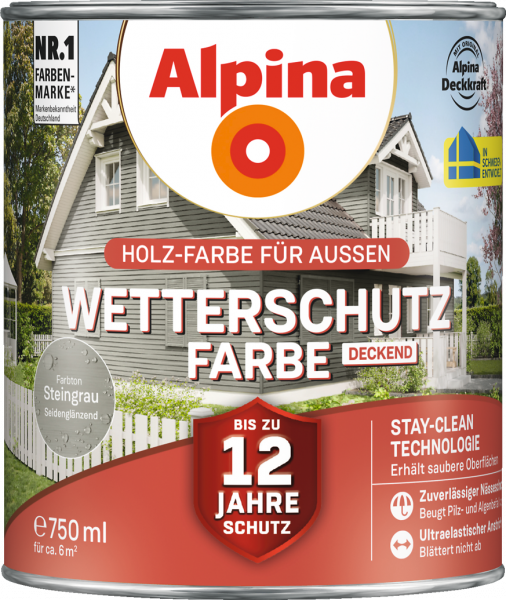 Alpina Wetterschutz Farbe "Steingrau", deckend, Holz-Farbe für Außen, 750 ml