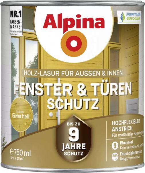 Alpina Fenster & Türen Schutz "Eiche hell ", Holz-Lasur für Außen & Innen, 750 ml