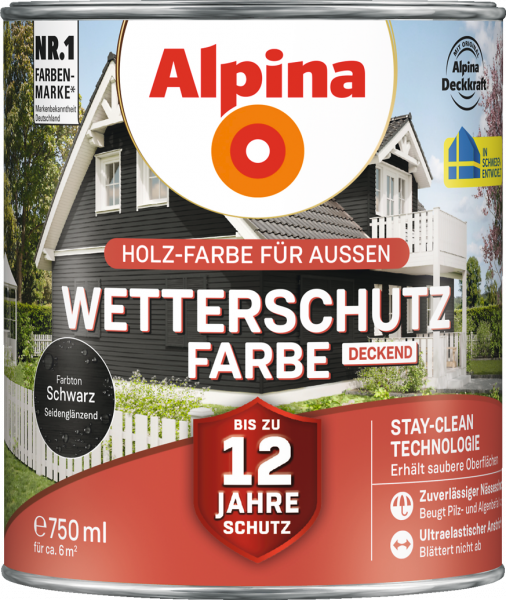 Alpina Wetterschutz Farbe "Schwarz", deckend, Holz-Farbe für Außen, 2,5 L