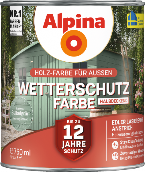 Alpina Wetterschutz Farbe "Salbeigrün", halbdeckend, Holz-Farbe für Außen, 750 ml