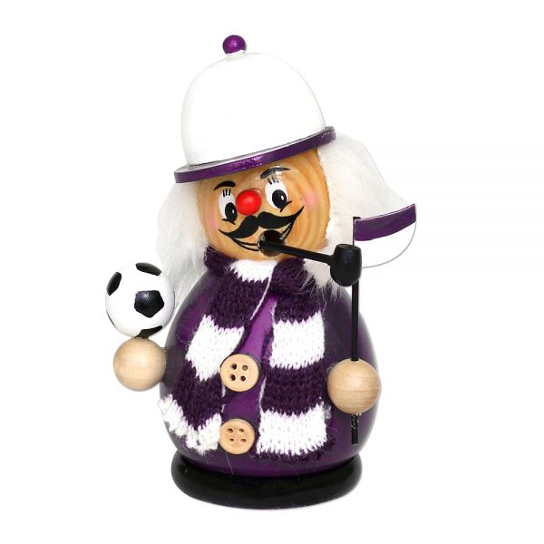 SIGRO Holz Fußball-Räuchermännchen, klein, kugelig, mit Strickschal & Fahne, lila/weiß