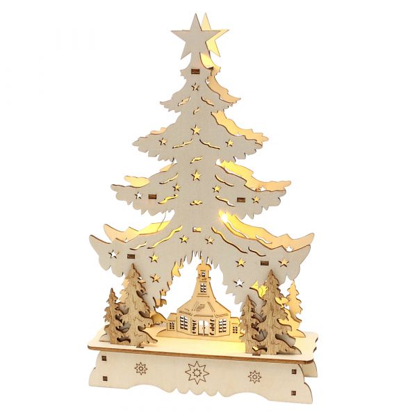 SIGRO Holz Laserbaum "Seiffener Kirche", Batteriebetrieb AAA