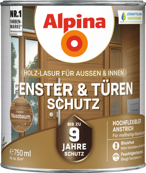 Alpina Fenster & Türen Schutz "Nussbaum", Holz-Lasur für Außen & Innen, 2,5 L