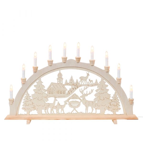 SIGRO Holz Schwibbogen "Waldkirche + Rehe", 10-flammig