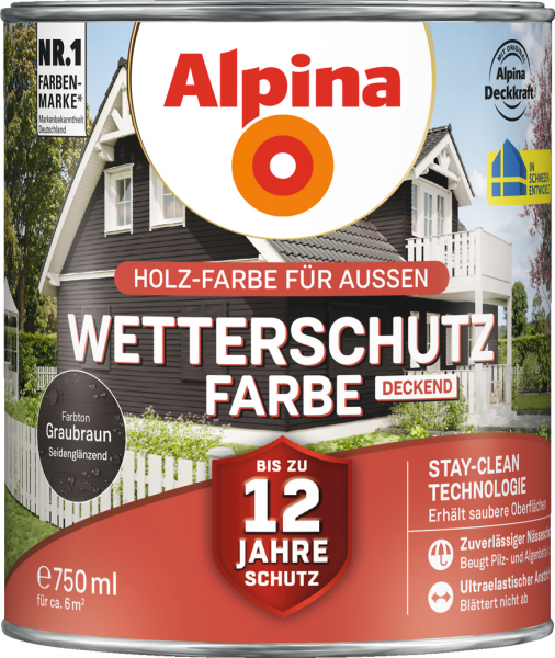 Alpina Wetterschutz Farbe "Graubraun", deckend, Holz-Farbe für Außen, 2,5 L