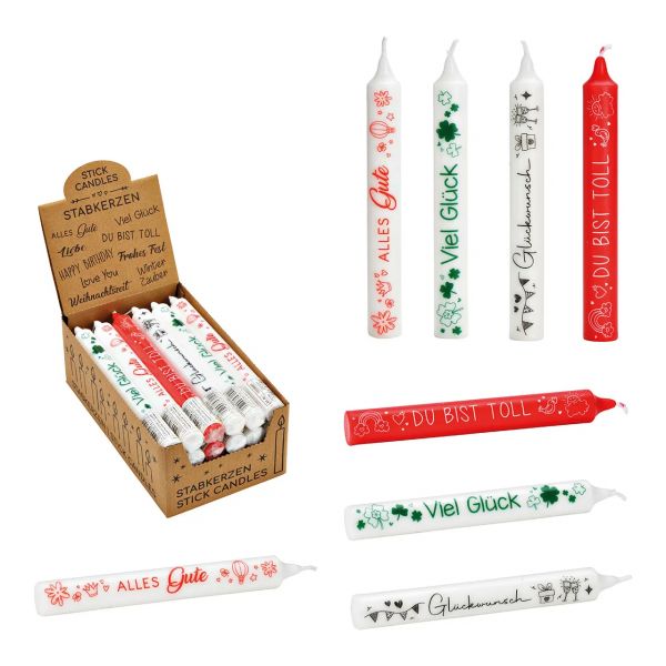 Kerzen mit Spruch, aus Wachs, 4-fach sortiert, 2 x 20 x 2 cm