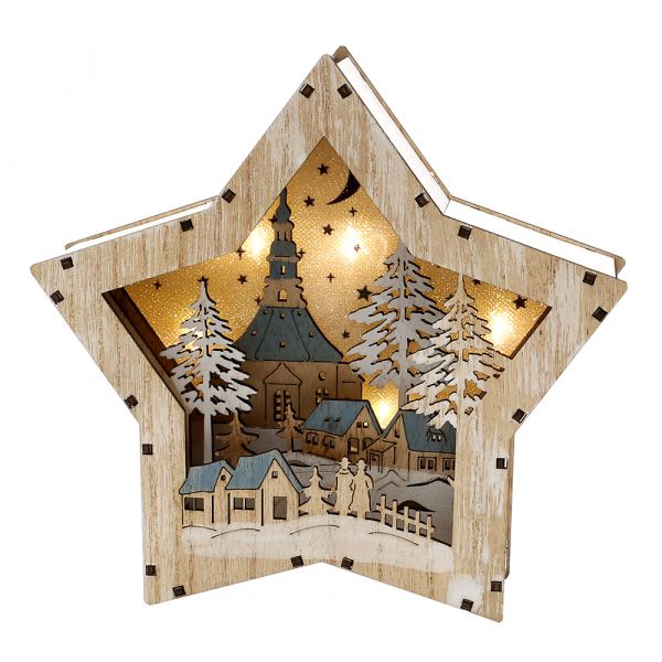 SIGRO Holz Stern "Stadtmotiv" mit Kirchen, mit LED Beleuchtung, Batteriebetrieb