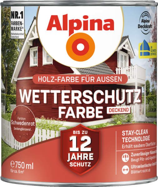 Alpina Wetterschutz Farbe "Schwedenrot", deckend, Holz-Farbe für Außen, 750 ml
