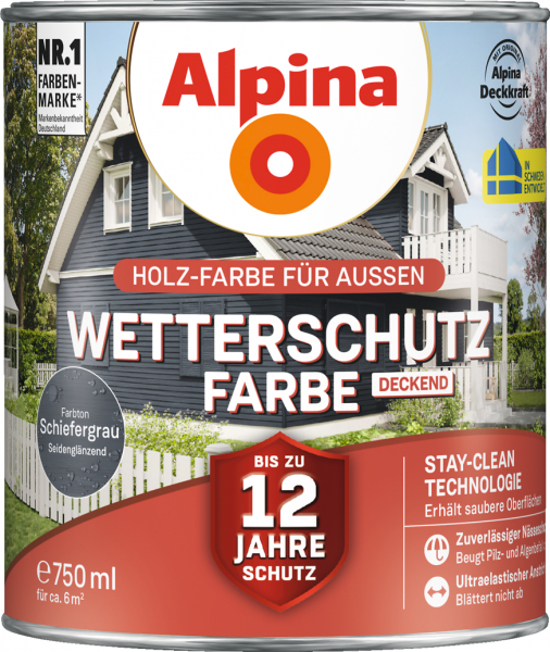 Alpina Wetterschutz Farbe "Schiefergrau", deckend, Holz-Farbe für Außen, 750 ml