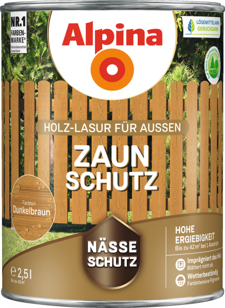 Alpina Zaunschutz "Dunkelbraun", Holz-Lasur für Außen, 2,5 L