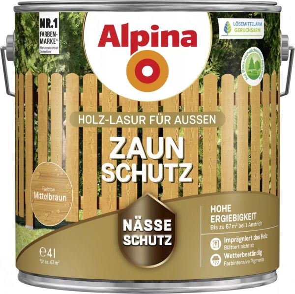 Alpina Zaunschutz "Mittelbraun", Holz-Lasur für Außen, 4 L