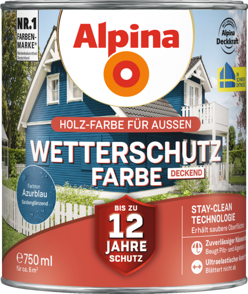 Alpina Wetterschutz Farbe "Azurblau", deckend, Holz-Farbe für Außen, 750 ml