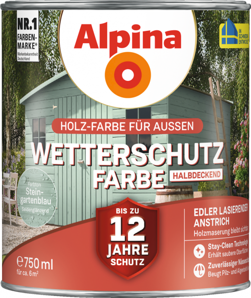 Alpina Wetterschutz Farbe "Steingartenblau", halbdeckend, Holz-Farbe für Außen, 750 ml