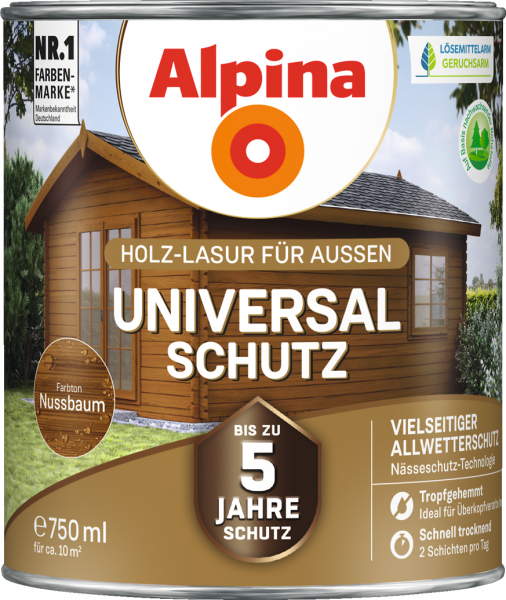 Alpina Universal Schutz "Nussbaum", Holz-Lasur für Außen, 750 ml
