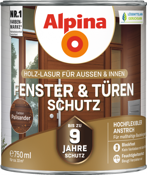 Alpina Fenster & Türen Schutz "Palisander", Holz-Lasur für Außen & Innen, 2,5 L