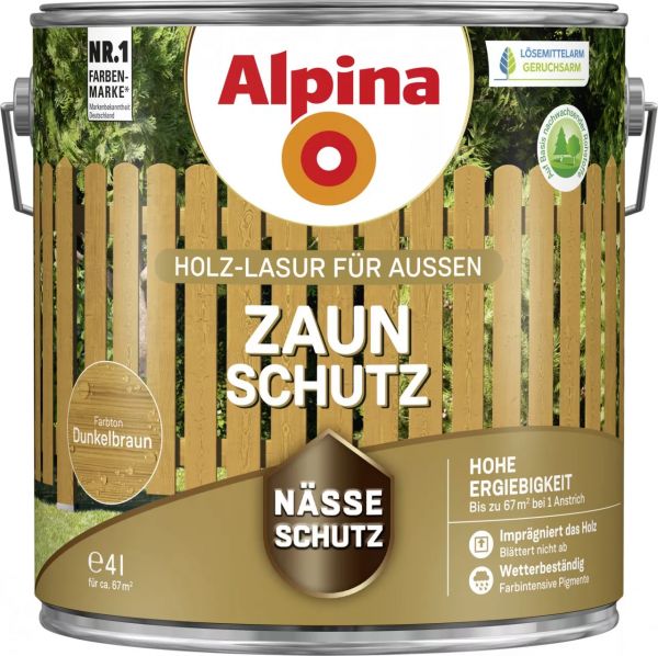 Alpina Zaunschutz "Dunkelbraun", Holz-Lasur für Außen, 4 L