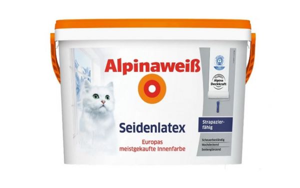 Alpinaweiss 2,5 L. Seidenlatex, Weiß Seidenglänzend, Latexfarbe Alpina, 18 m²