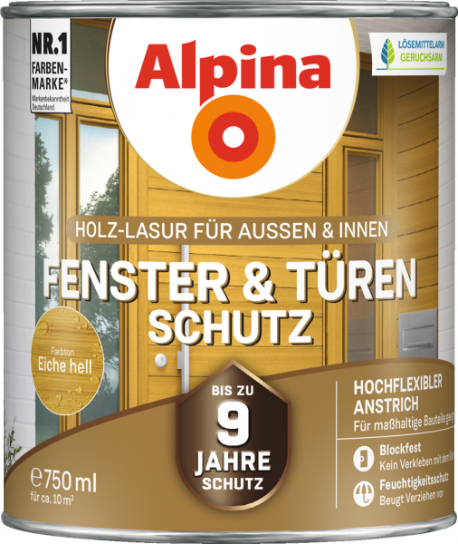 Alpina Fenster & Türen Schutz "Eiche hell", Holz-Lasur für Außen & Innen, 2,5 L