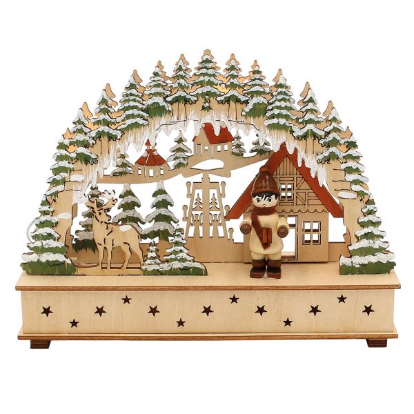 SIGRO mini Schwibbogen "Waldhaus mit Winterfigur", batteriebetr., Holz