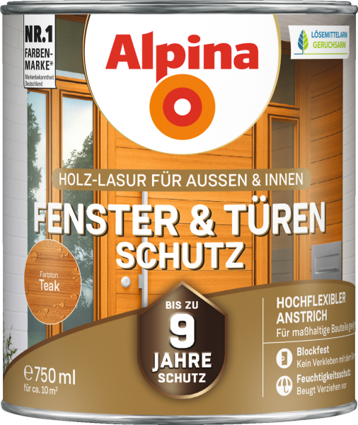 Alpina Fenster & Türen Schutz "Teak", Holz-Lasur für Außen & Innen, 2,5 L