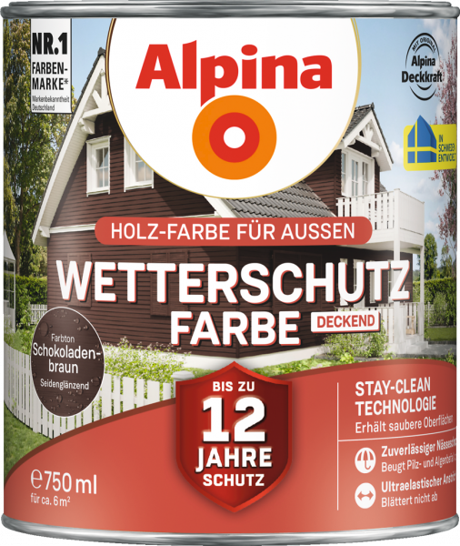 Alpina Wetterschutz Farbe "Schokoladenbraun", deckend, Holz-Farbe für Außen, 750 ml