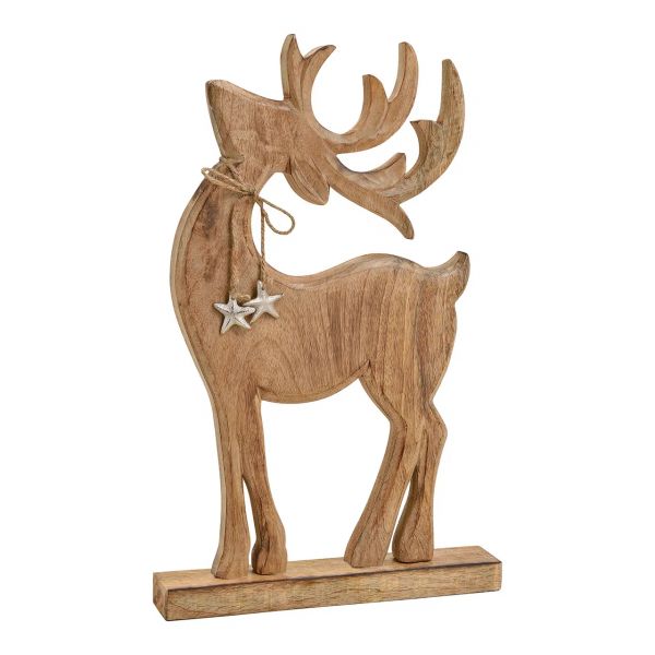 Hirsch mit Metall Stern Anhänger aus Mangoholz, braun, 31 x 49 x 6 cm