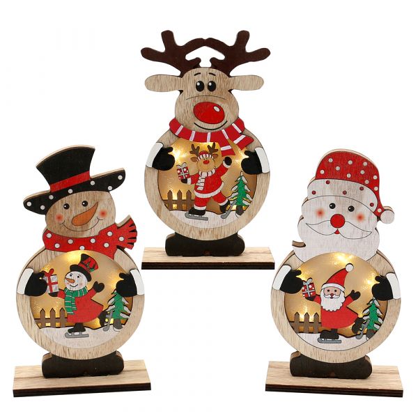 SIGRO Holz Santa, Schneemann, Rentier bunt, im Bauch mit Beleuchtung, 3-fach sortiert, Batteriebetri