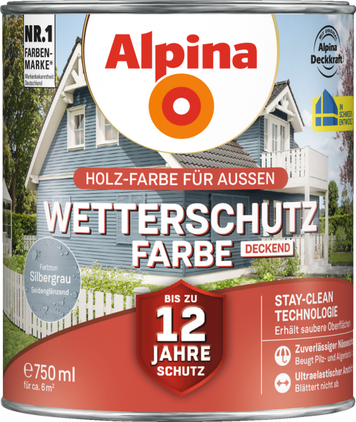 Alpina Wetterschutz Farbe "Silbergrau", deckend, Holz-Farbe für Außen, 750 ml