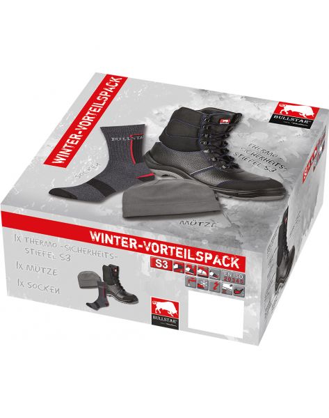 Winter-Vorteilspack mit Sicherheits-Winterstiefel S3, Fleece-Mütze und Socken